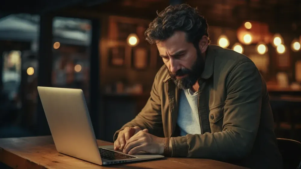 Man kijkt geconcentreerd naar zijn laptopscherm