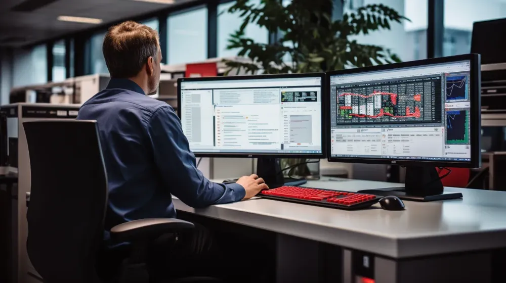 Man zit aan een bureau met daarop twee monitoren