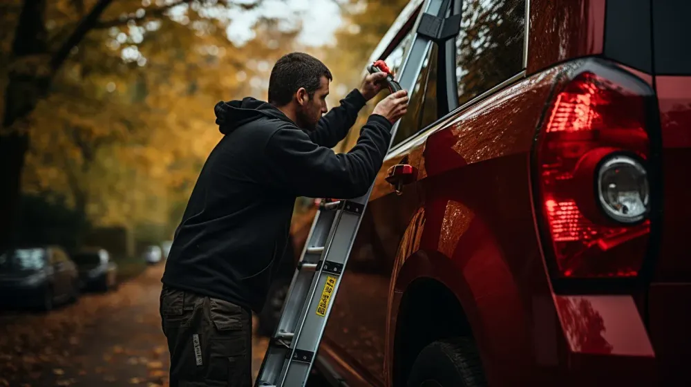 een persoon staat bij een auto waar een ladder tegen leunt