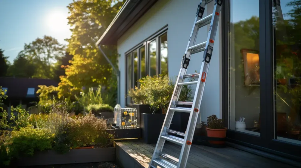 een ladder staat in een tuin tegen een glazen schuifdeur
