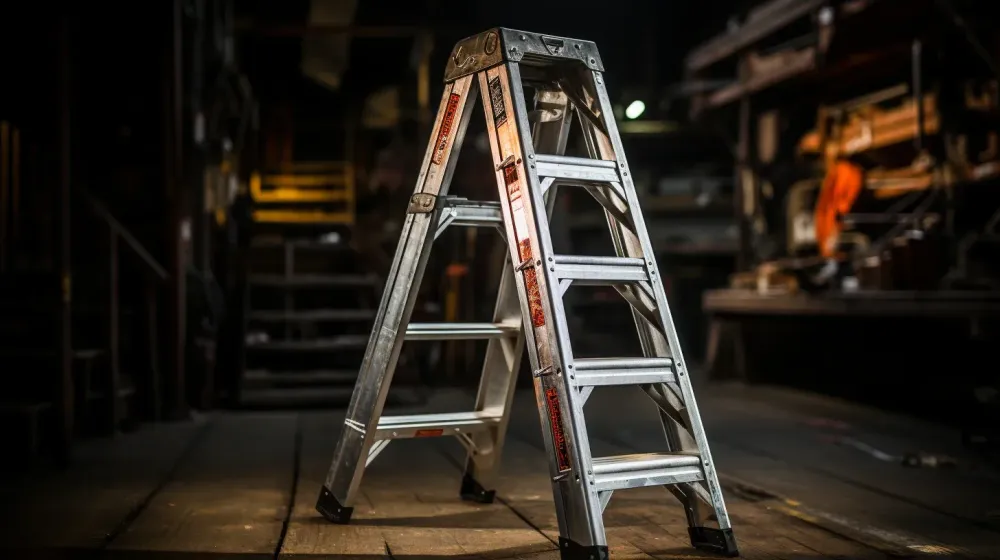 een kleine huishoudladder staat in een schuur