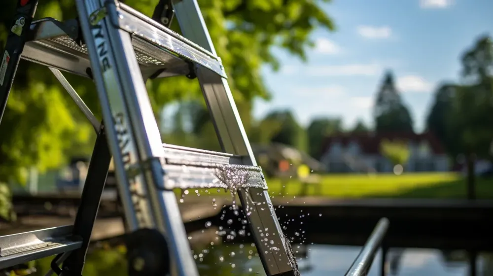 een aluminium ladder met waterspetters