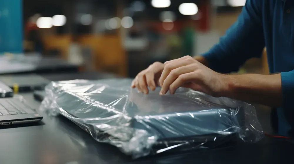 close-up van persoon die een plastic hoes over een apparaat legt in een luchthaven