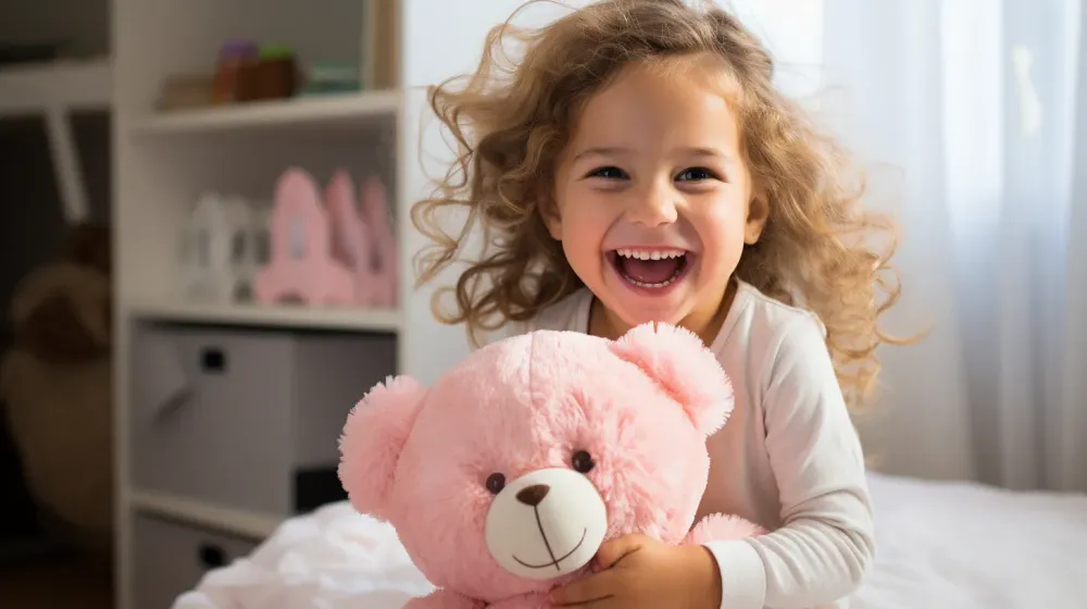 Meisje houdt een roze knuffel vast en lacht