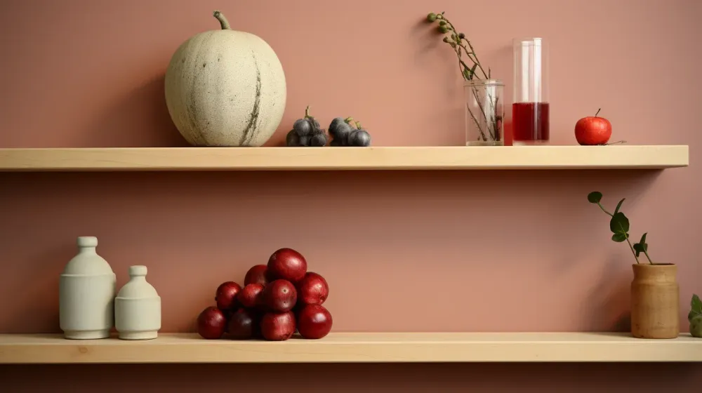 twee planken aan een roze muur met fruit en vaasjes erop