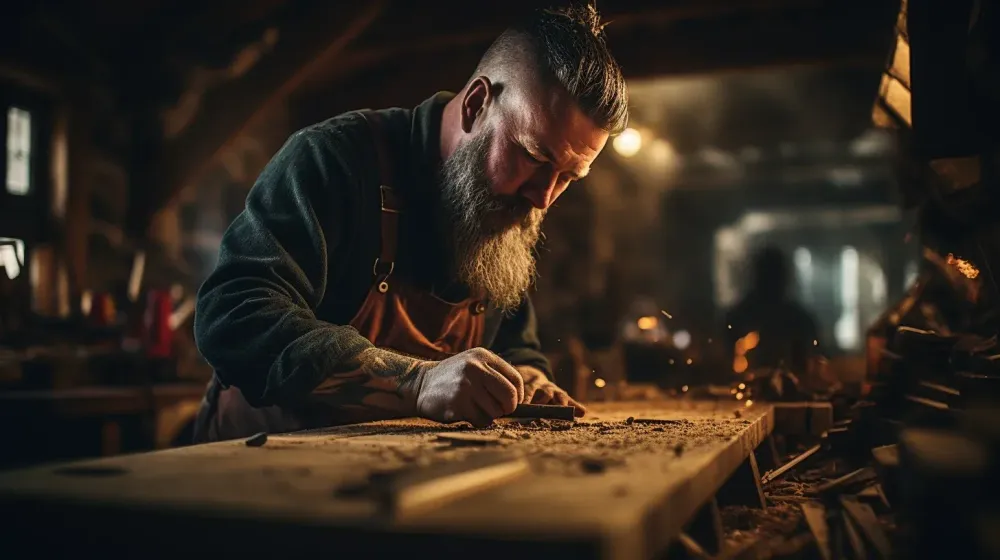 persoon staat in een werkplaats en bewerkt hout