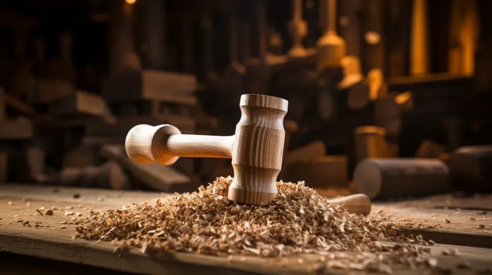 een houten hamer in een berg zaagsel 