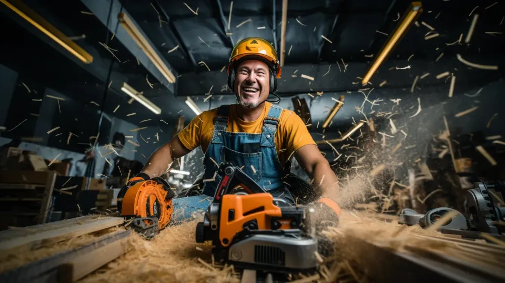 vrolijke klusser bedient een zaagmachine