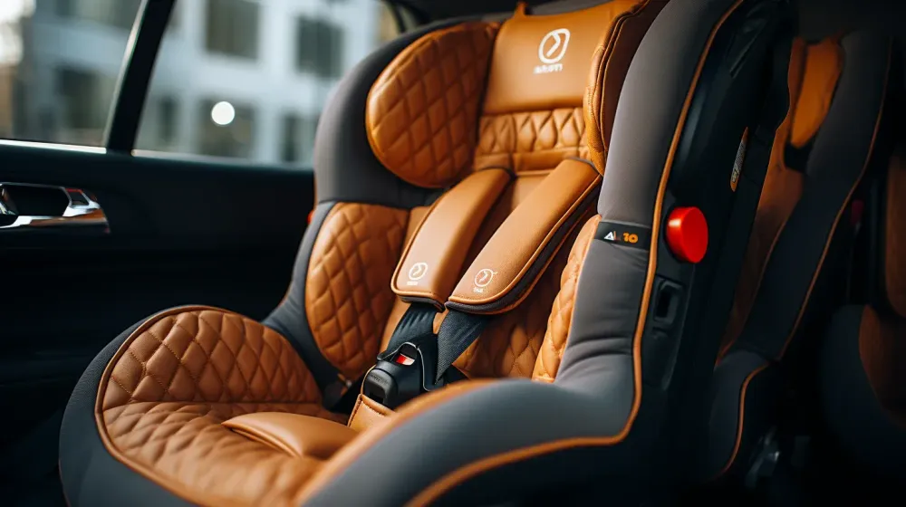 een oranje babystoel in een auto