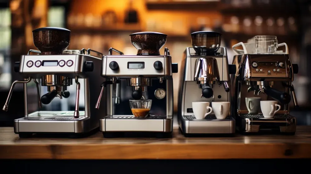 vier verschillende espressomachines staan op een rijtje op een houten toonbank