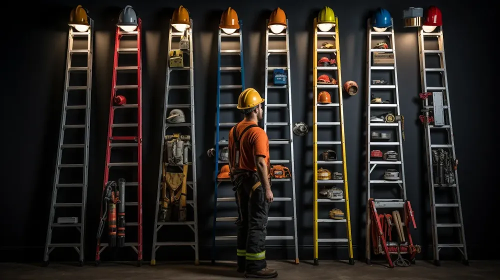 Brandweerman staat voor een muur vol ladders