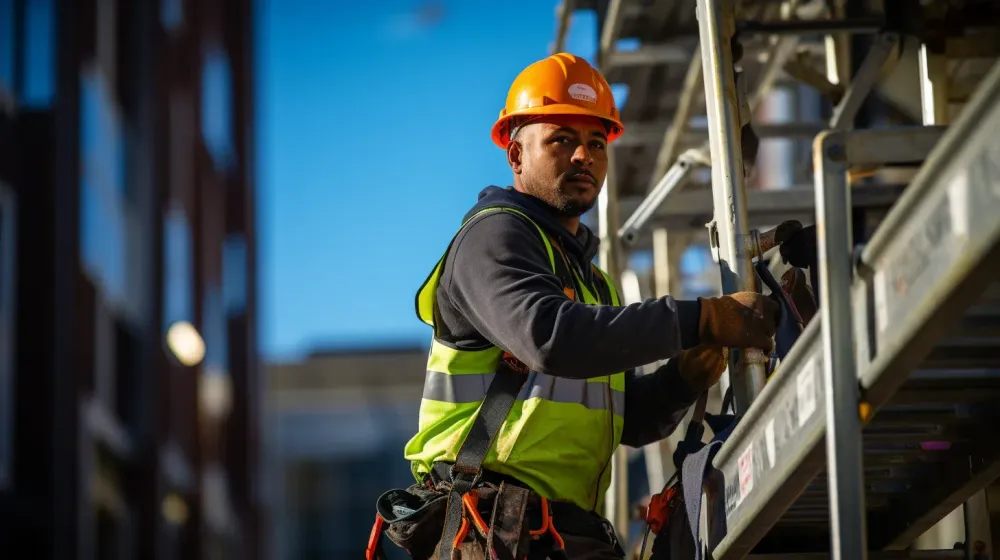 Werker staat op ladder naast steiger