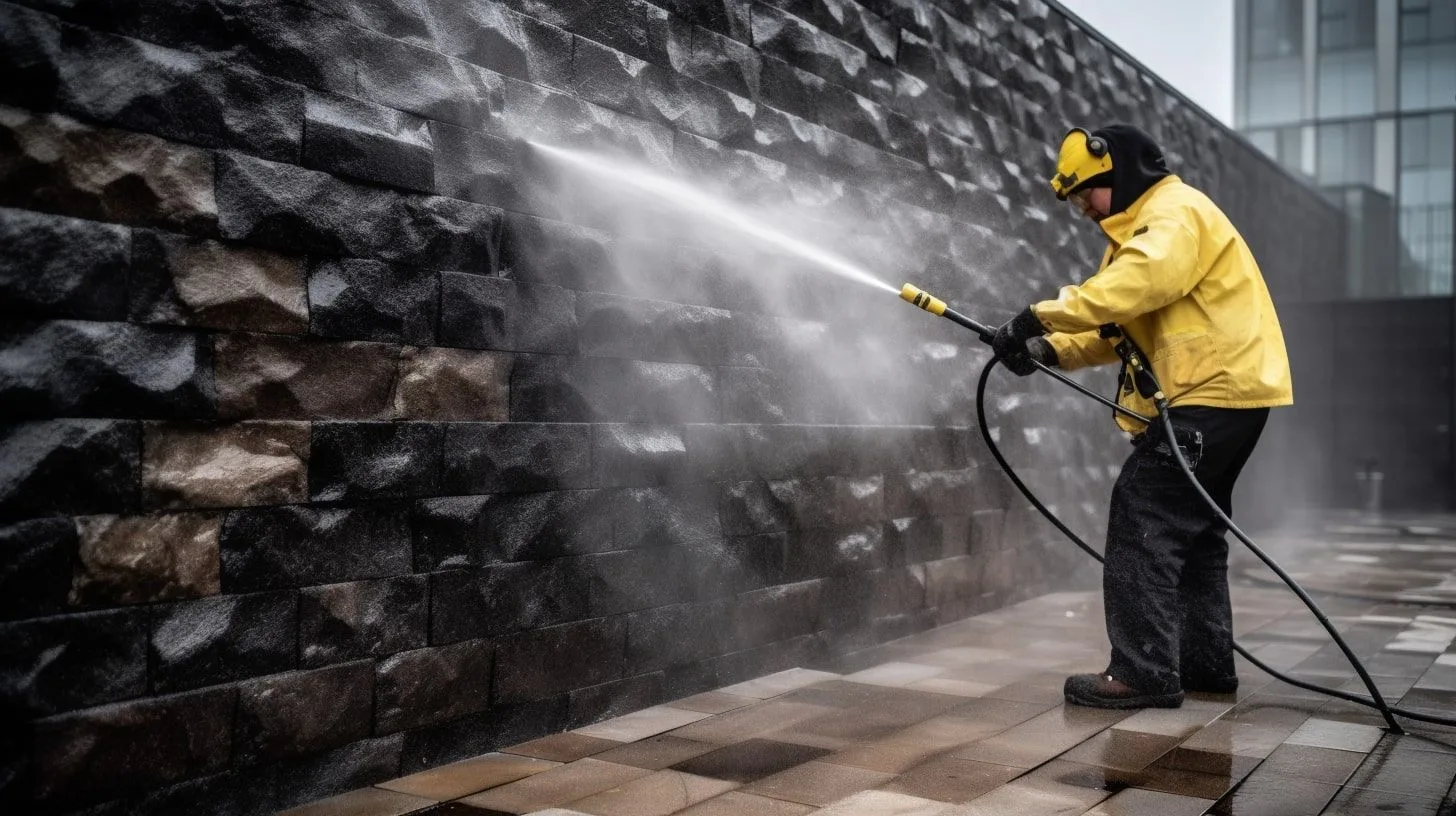 Persoon maakt buitenmuur schoon met stoomreiniger
