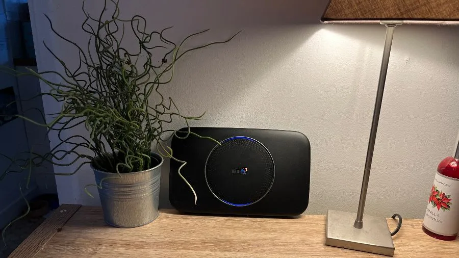 Router op kastje naast plant, vooraanzicht