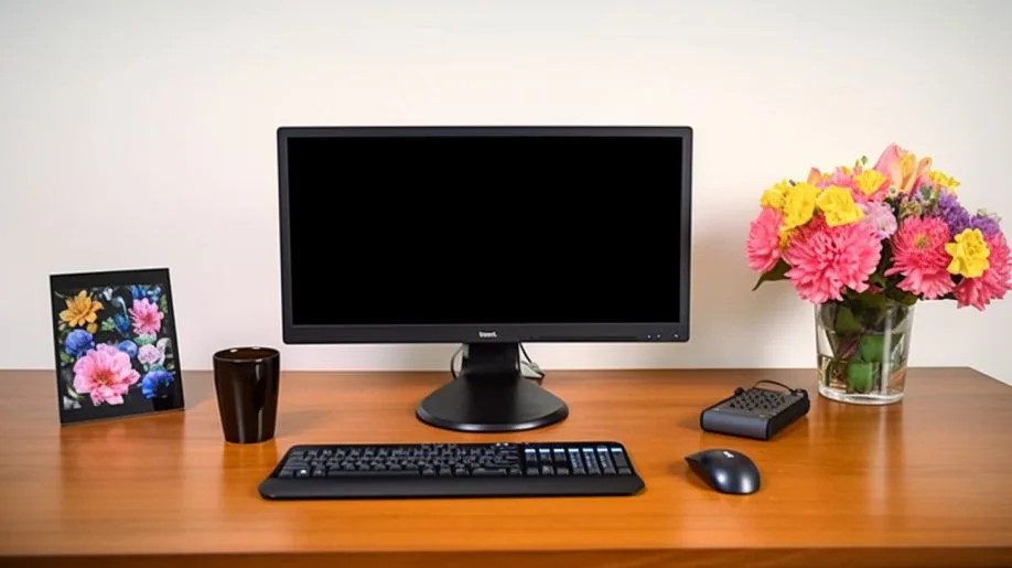 Computerscherm wat uitstaat op houten bureau