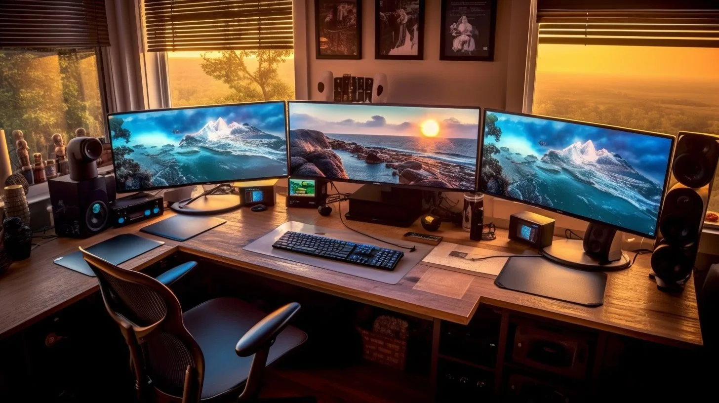 Drie monitoren op een bureau, vooraanzicht