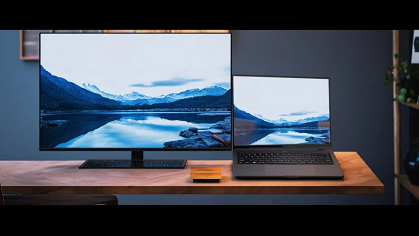 Monitorscherm en laptop naast elkaar, vooraanzicht