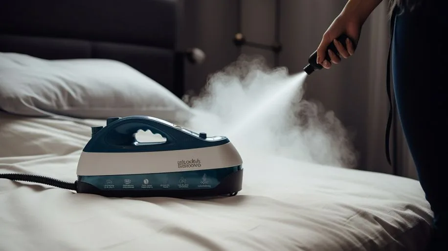 Stoomreinigers op een bed, zij-aanzicht