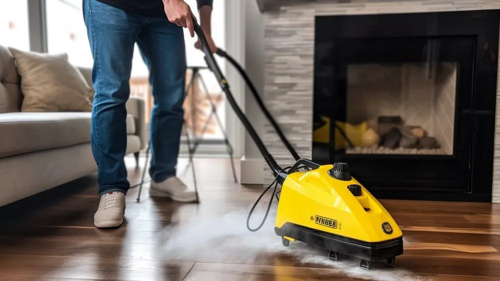 Gele stoomreiniger op houten vloer, vooraanzicht