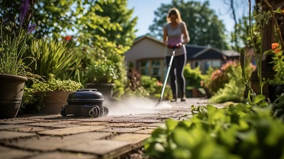 Vrouw reinigt tuin