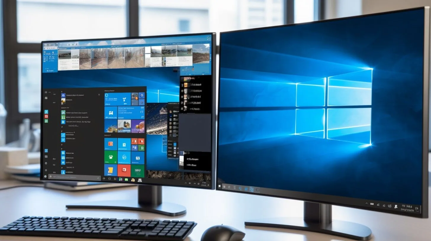twee monitoren op bureau, vooraanzicht