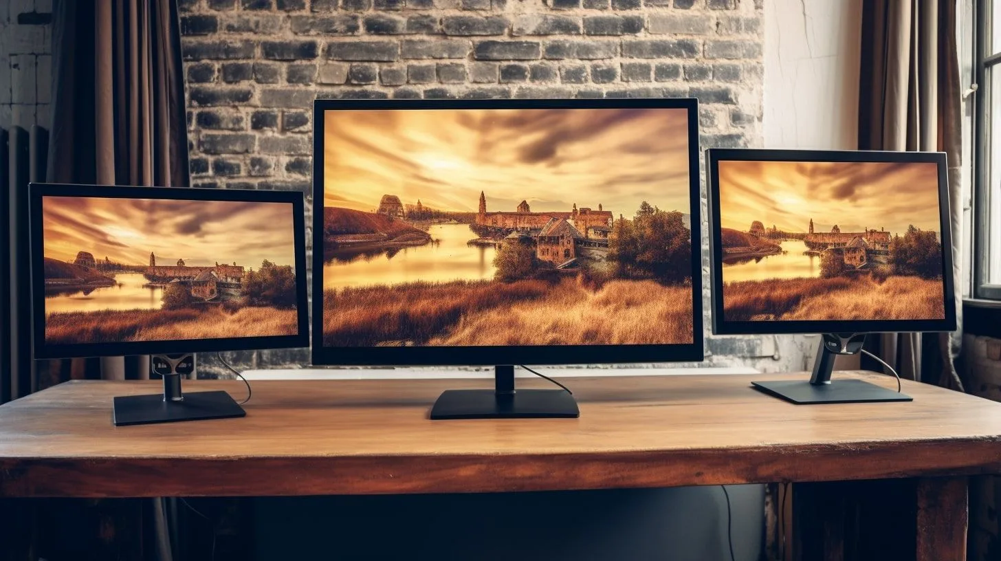 Drie verschillende monitoren op een bureau