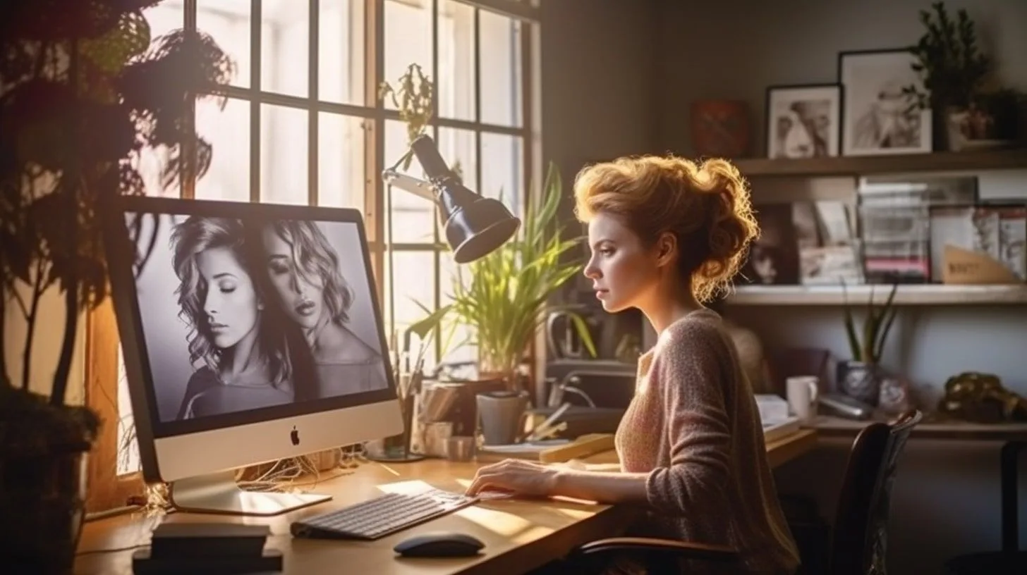 Vrouw aan bureau, kijkend naar monitor