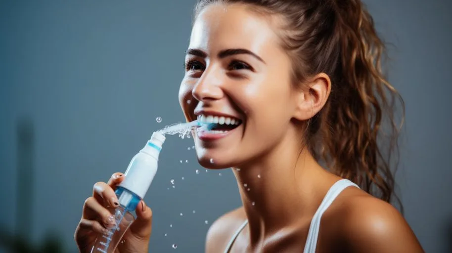 Vrouw gebruikt waterflosser