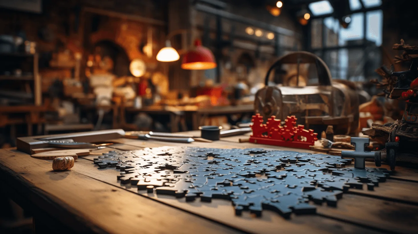 close-up van een houten puzzel op werkbank