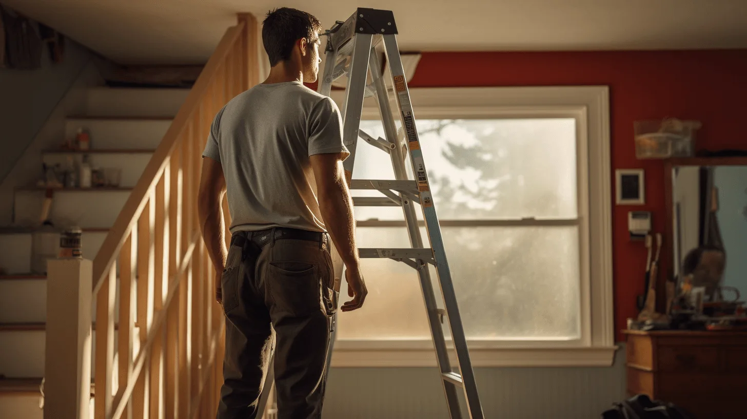 een persoon staat in een woonkamer bij een telescoopladder