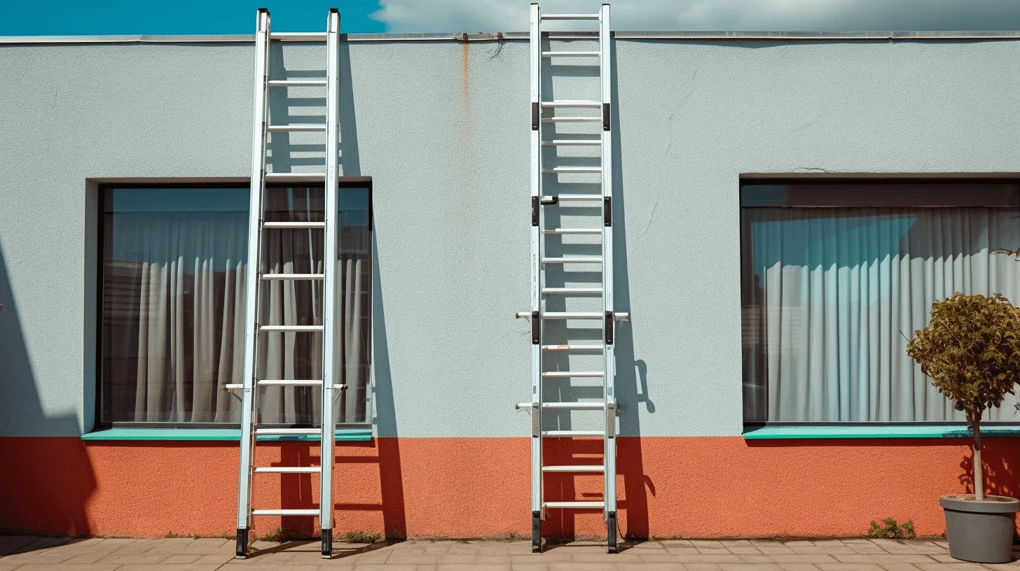twee telescoopladders staan tegen een huis
