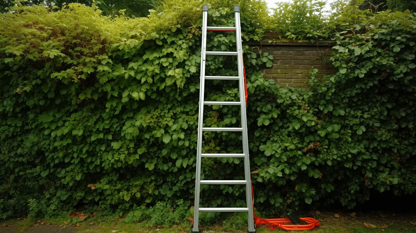 een uitschuifladder leunt tegen een heg