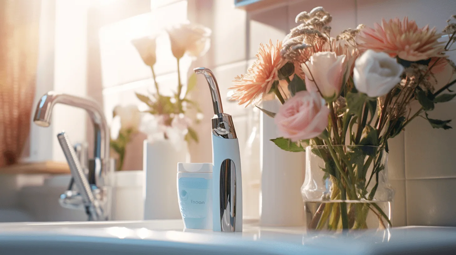een waterflosser staat op een wastafel in een badkamer naast een vaas bloemen